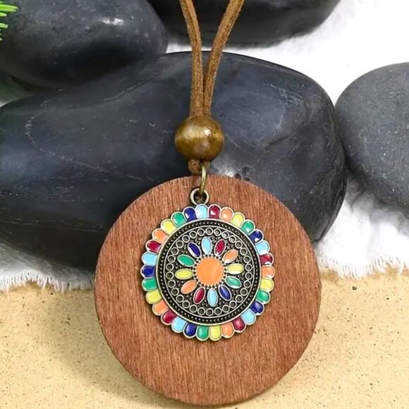 Necklace & Earrings 3pc Set Enamel Wood Leather Dangle Boho Chara Yoga Namaste - Picture 2 of 4